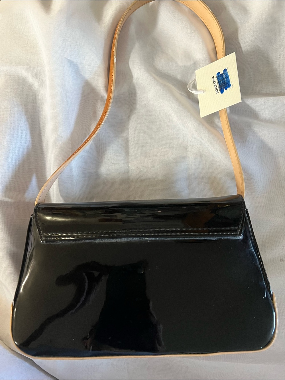 👜 Amanda Smith Black Patent Shoulder Bag with Tan Strap - NWT -Price penned-up. - Picture 7 of 7
